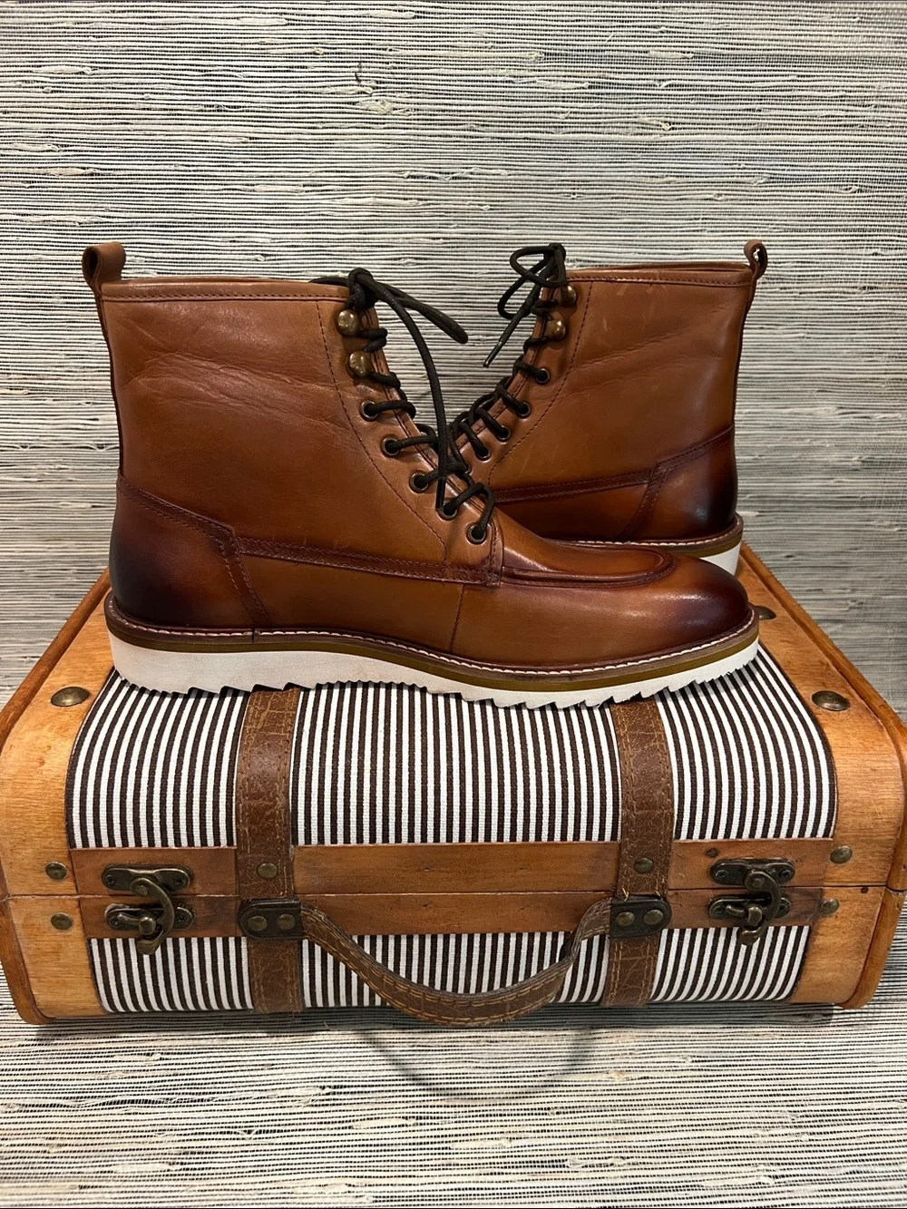 Men's Brown Leather Lace-Up Boots with White Lug Sole